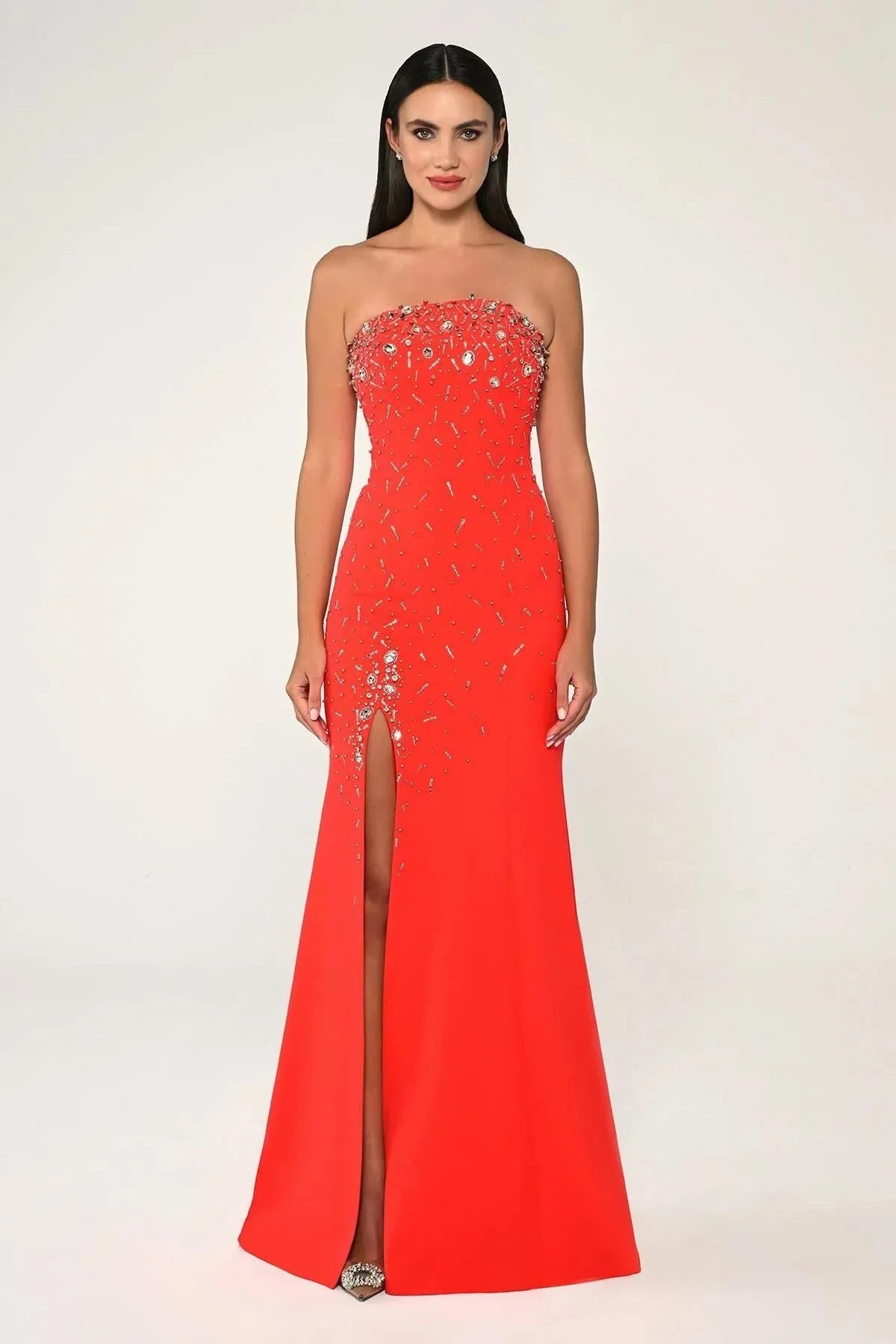 Strapless Crepe Stoned Long Evening Dress