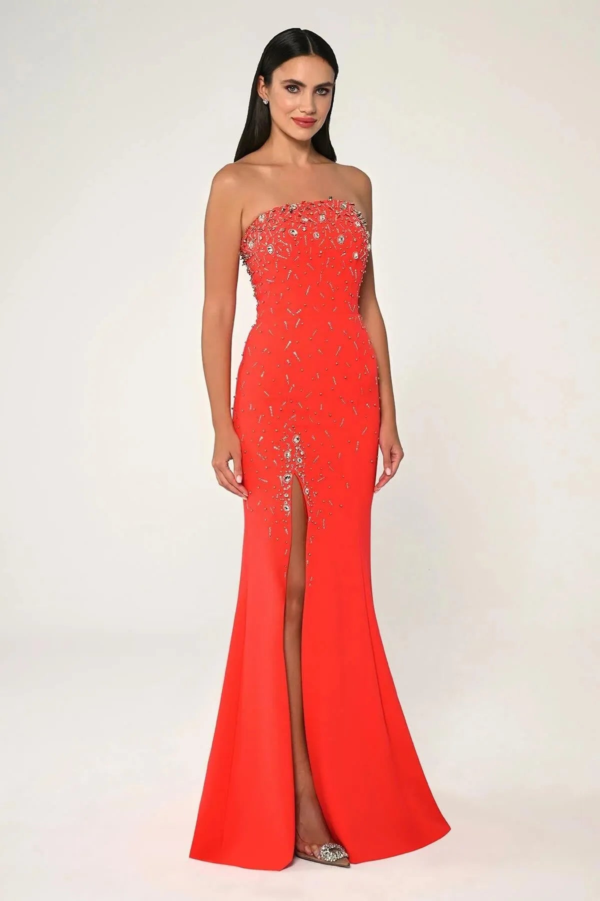 Strapless Crepe Stoned Long Evening Dress