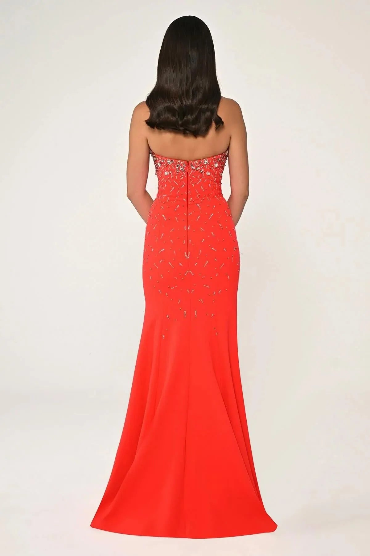 Strapless Crepe Stoned Long Evening Dress