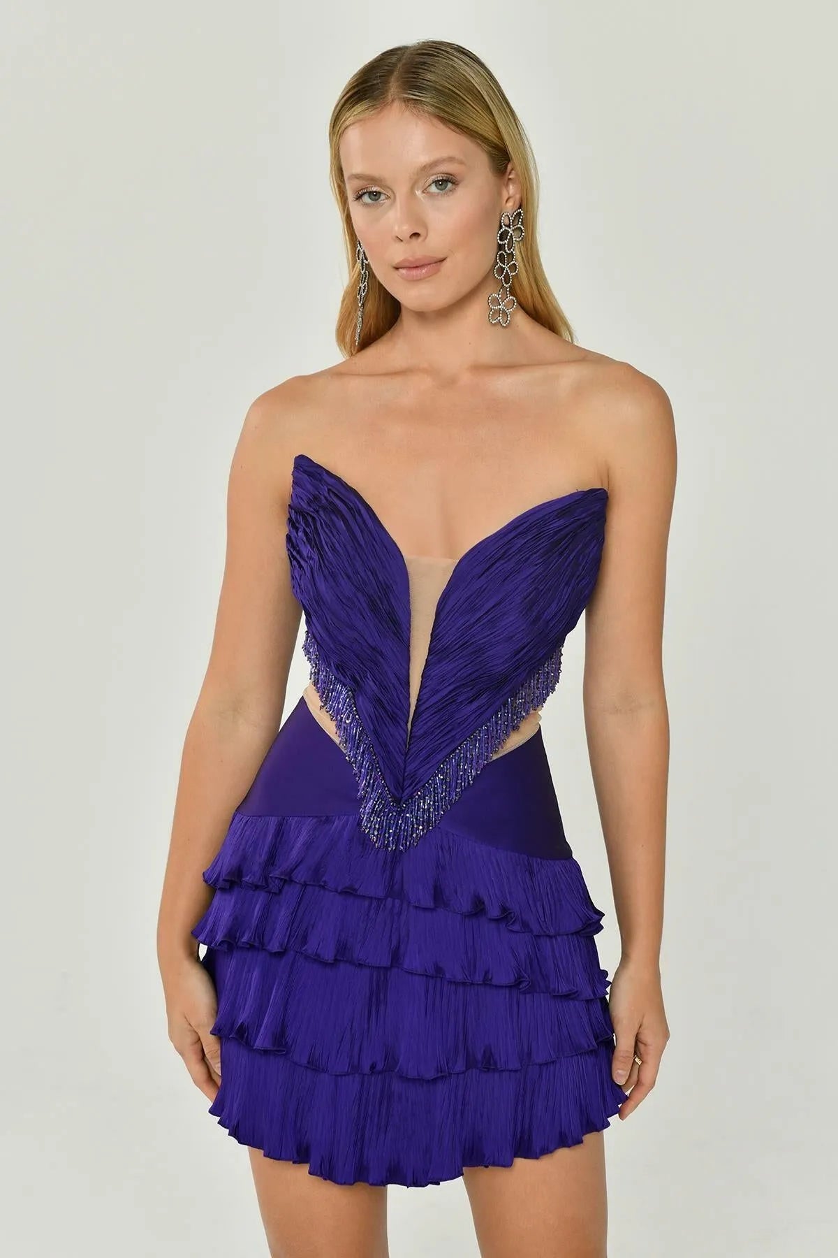 Strapless Pleated Layered Mini Evening Dress