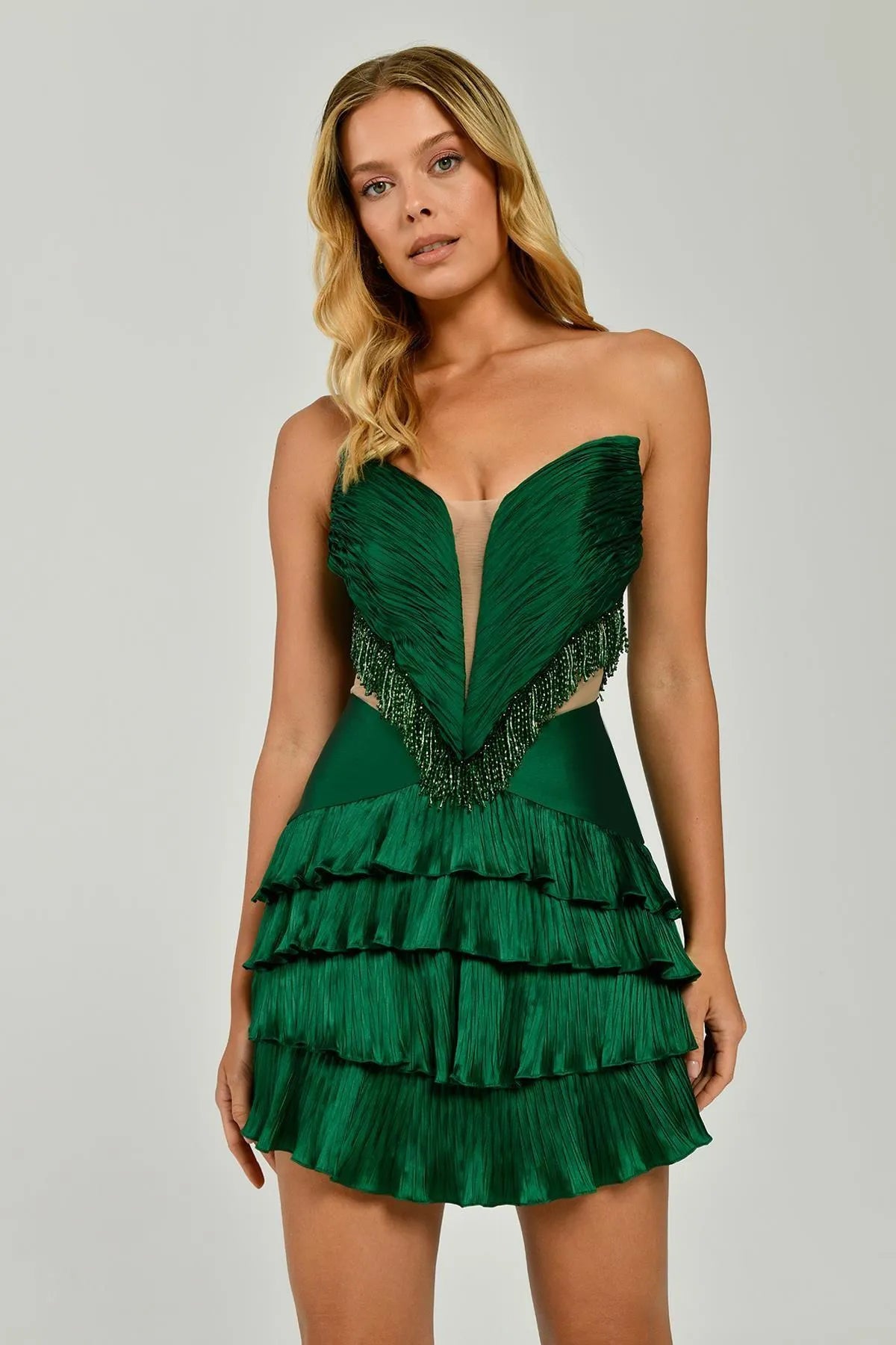 Strapless Pleated Layered Mini Evening Dress