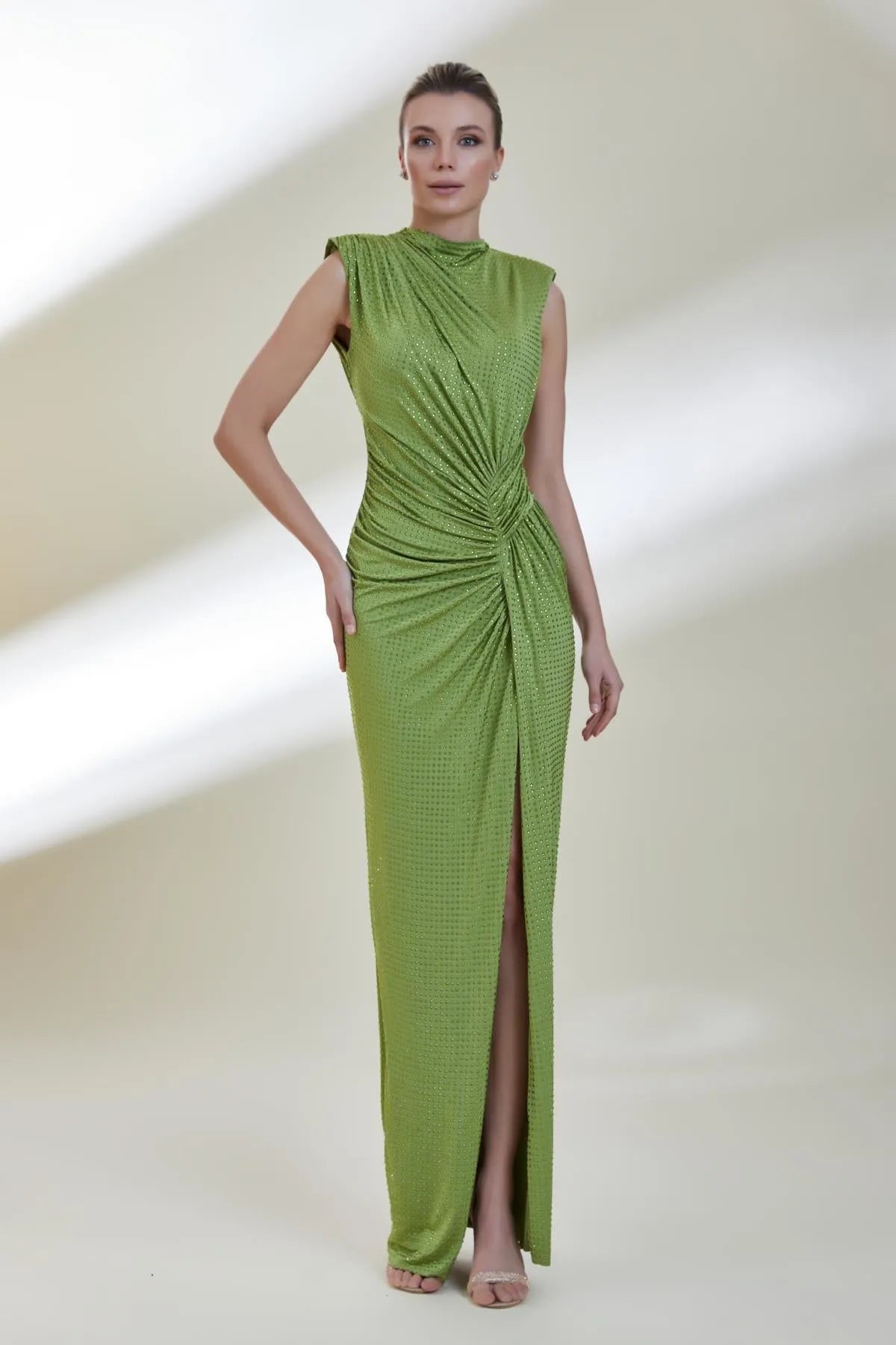 Stras Stone Backless Draped Sleeveless Evening Dress