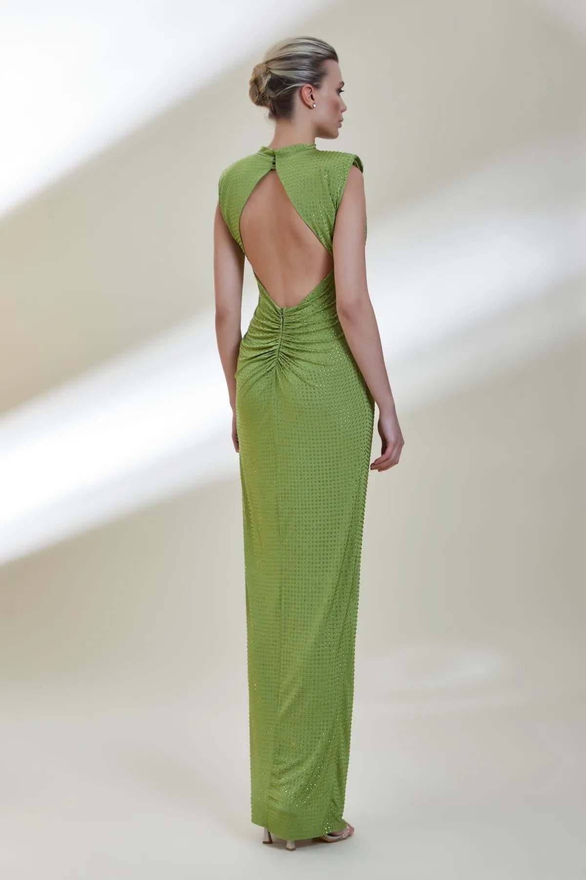 Stras Stone Backless Draped Sleeveless Evening Dress