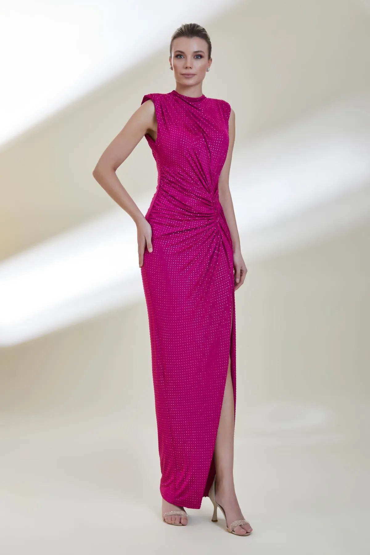 Stras Stone Backless Draped Sleeveless Evening Dress