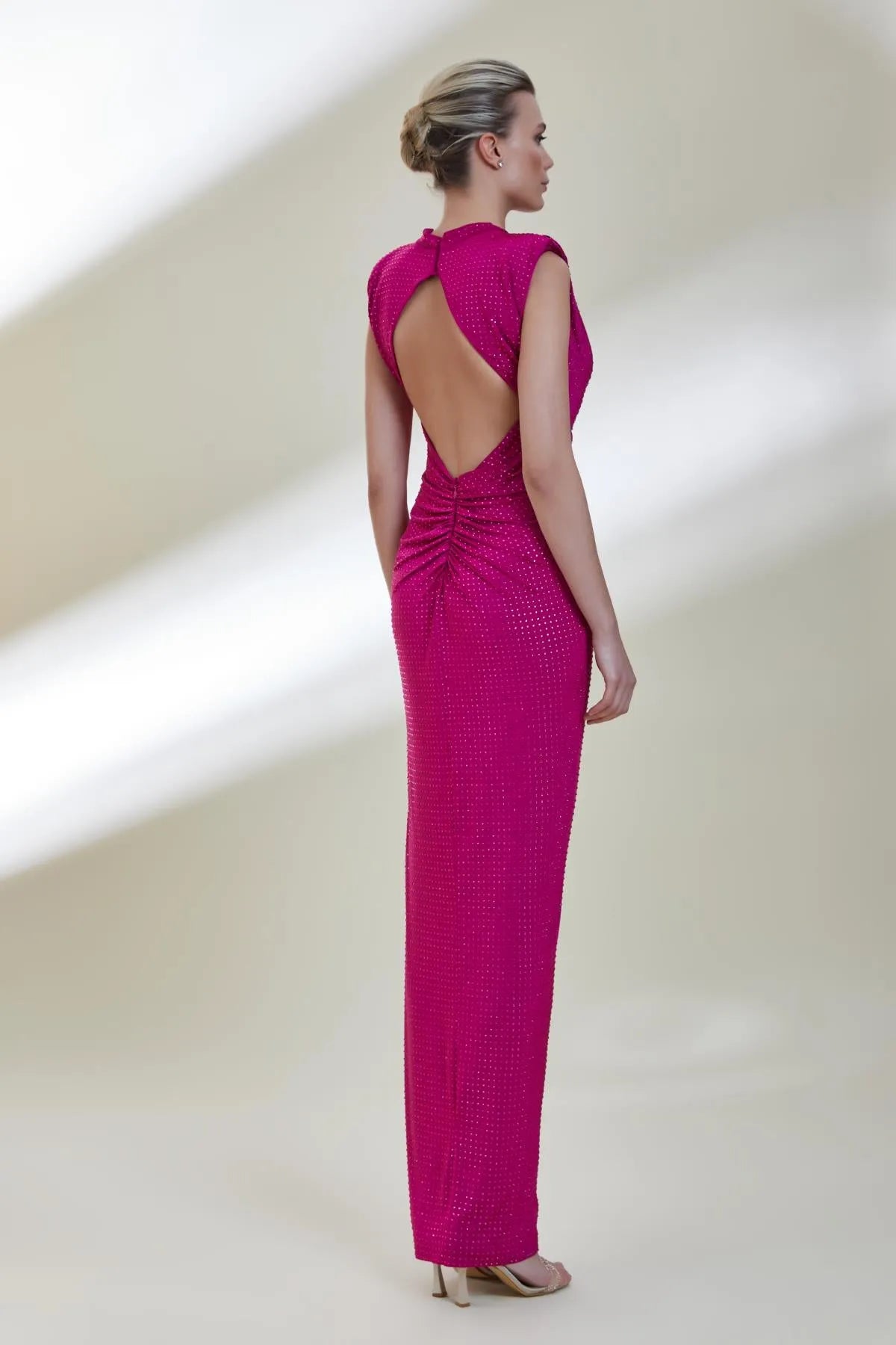 Stras Stone Backless Draped Sleeveless Evening Dress