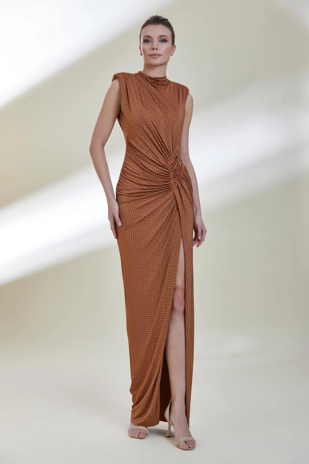 Stras Stone Backless Draped Sleeveless Evening Dress