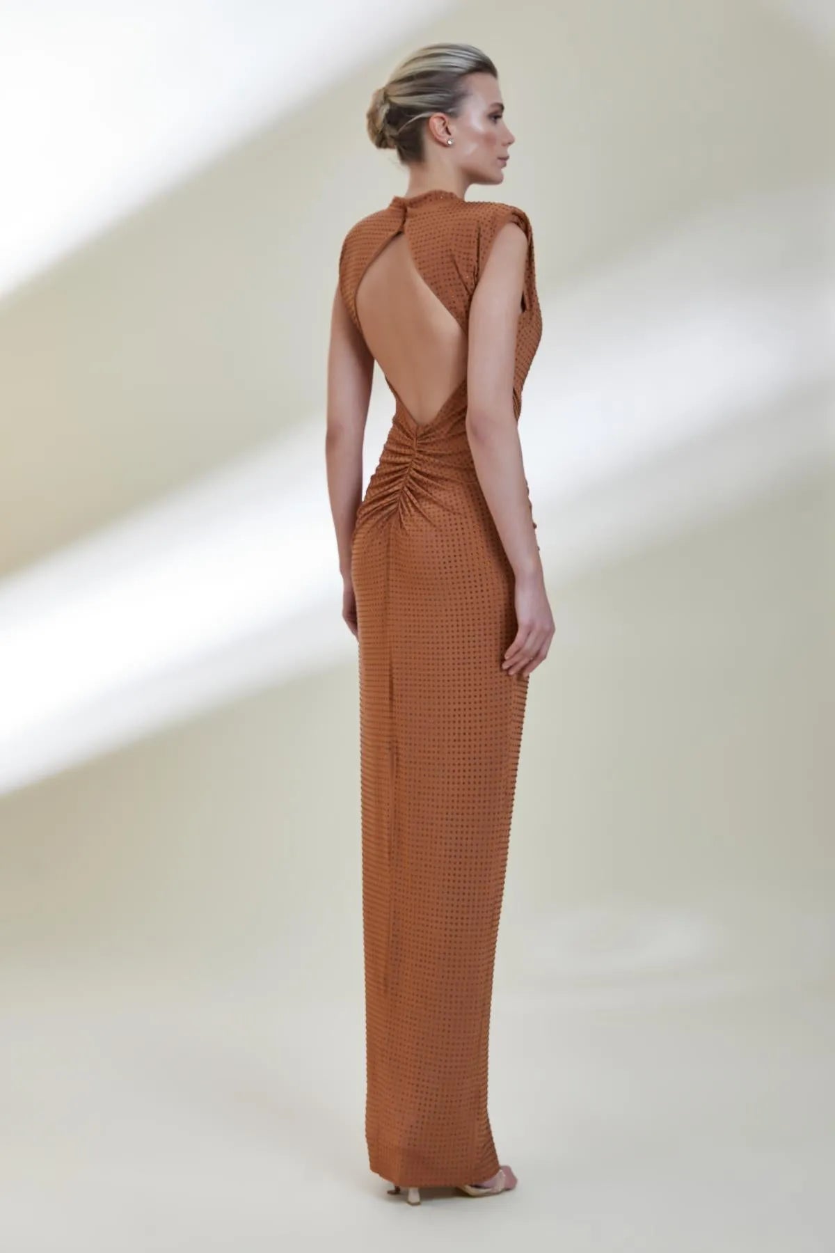 Stras Stone Backless Draped Sleeveless Evening Dress