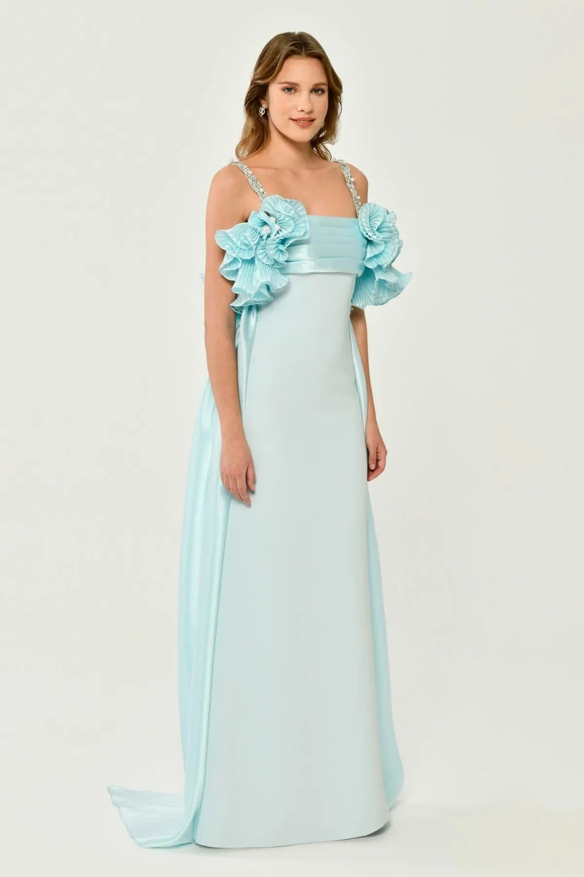 Long Evening Dress with Stone Strap and Tail