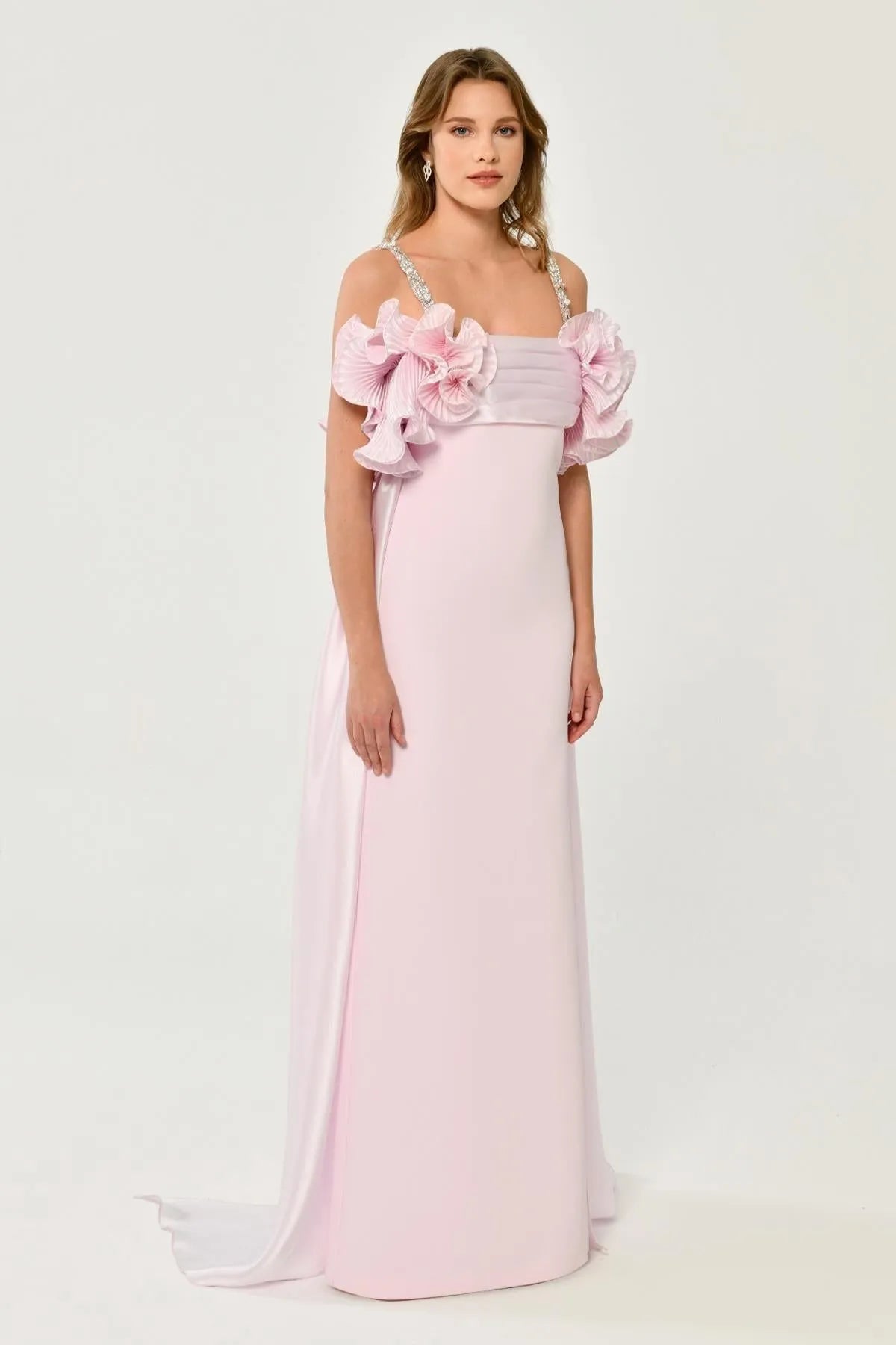 Long Evening Dress with Stone Strap and Tail