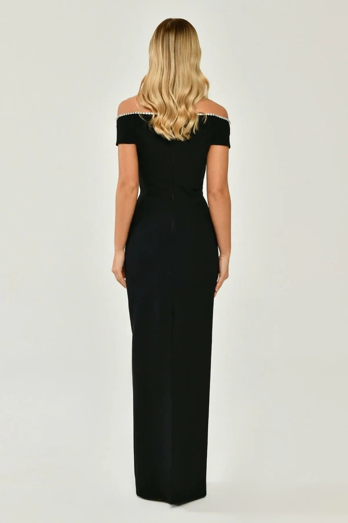 Off Shoulder Stoned Crepe Long Evening Dress