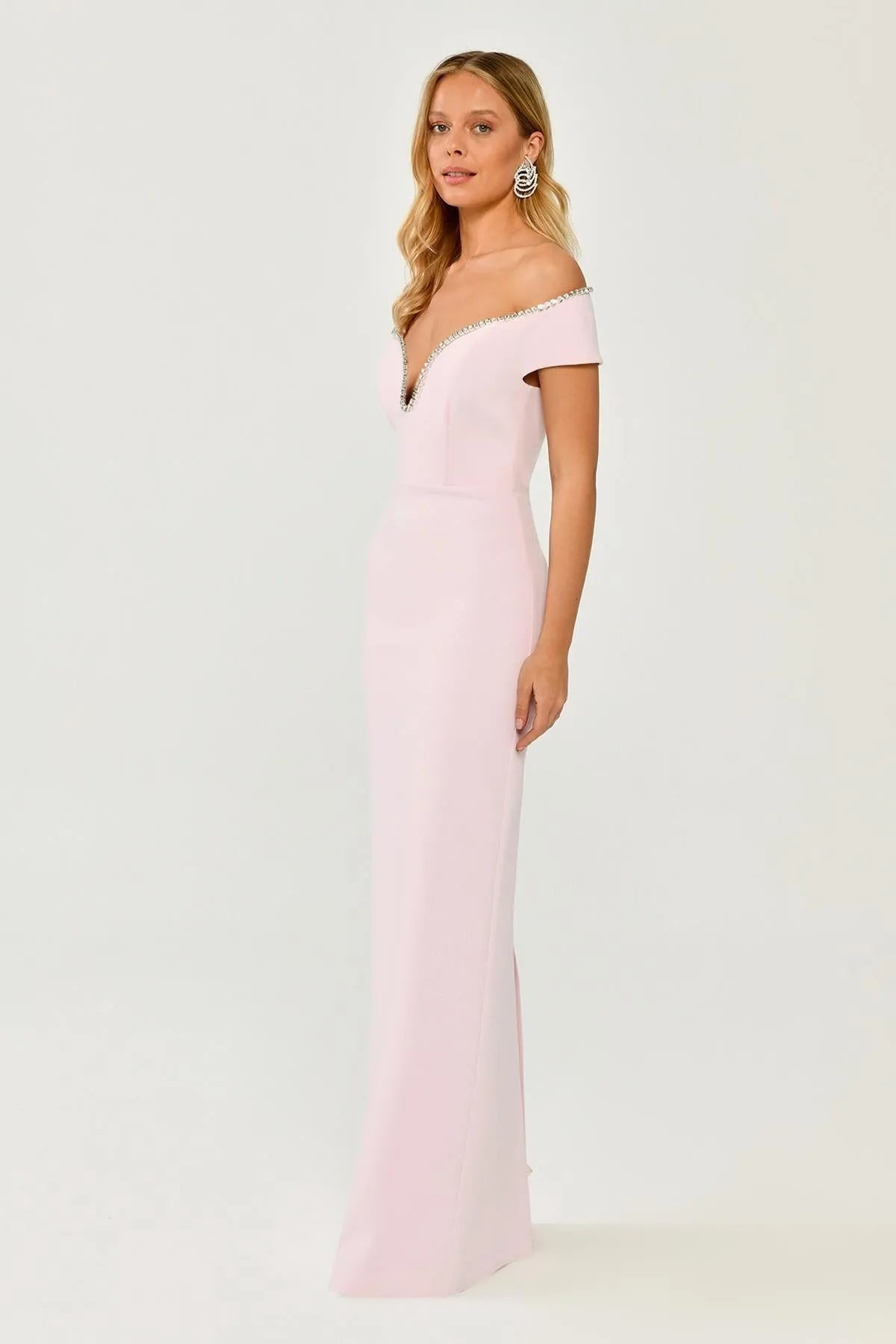 Off Shoulder Stoned Crepe Long Evening Dress