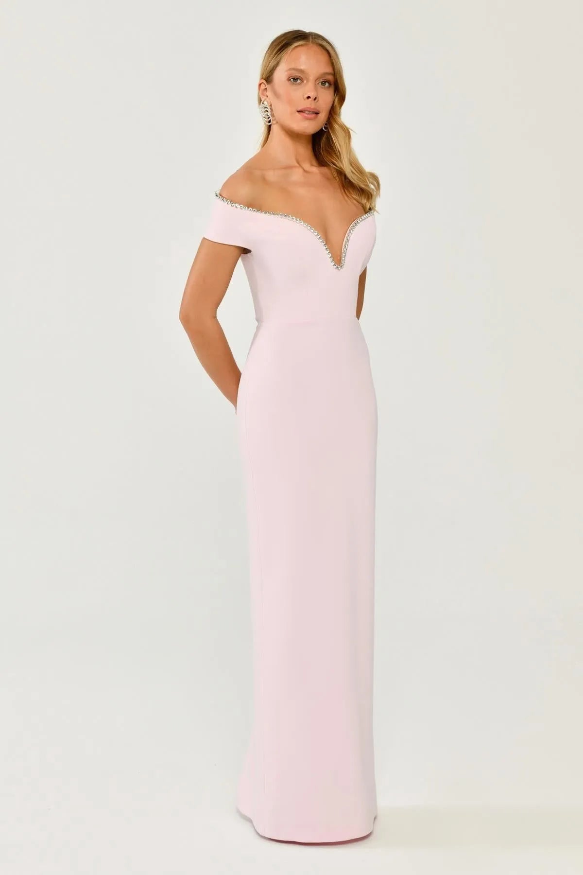 Off Shoulder Stoned Crepe Long Evening Dress