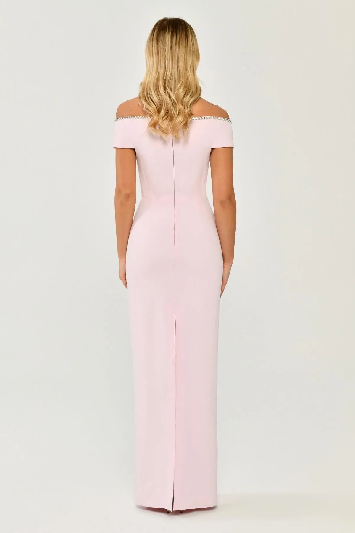 Off Shoulder Stoned Crepe Long Evening Dress