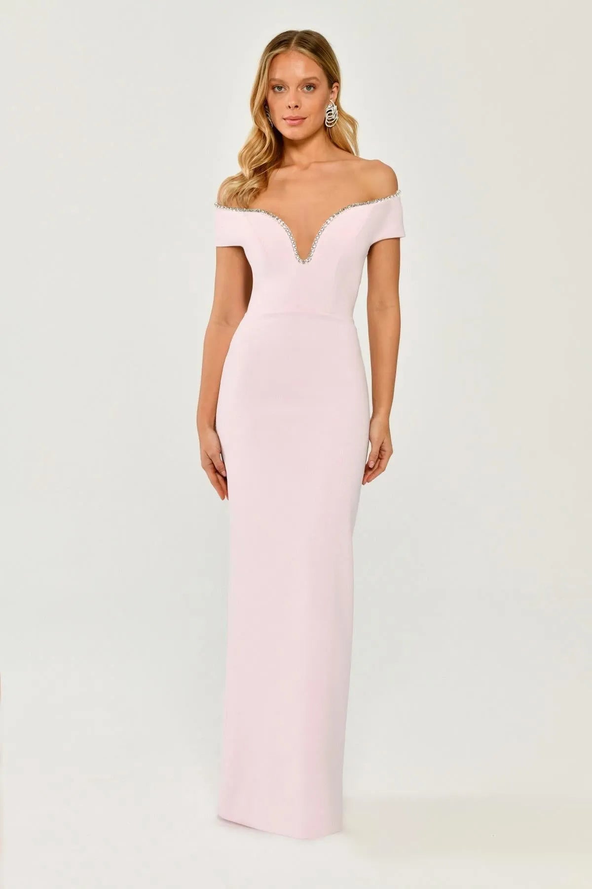 Off Shoulder Stoned Crepe Long Evening Dress