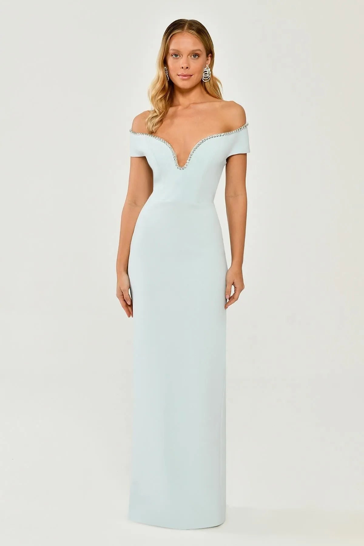 Off Shoulder Stoned Crepe Long Evening Dress