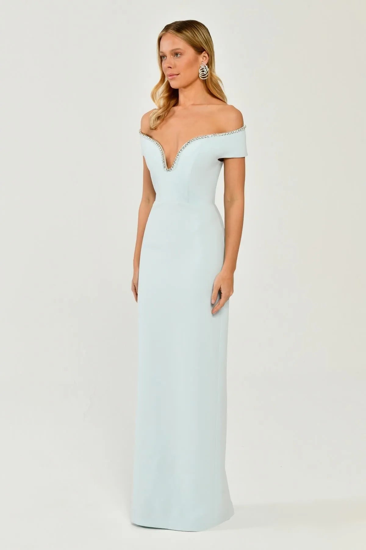 Off Shoulder Stoned Crepe Long Evening Dress