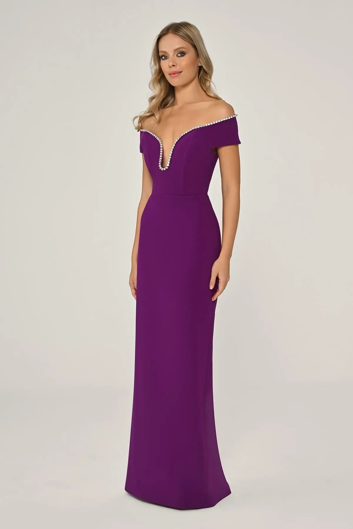 Off Shoulder Stoned Crepe Long Evening Dress