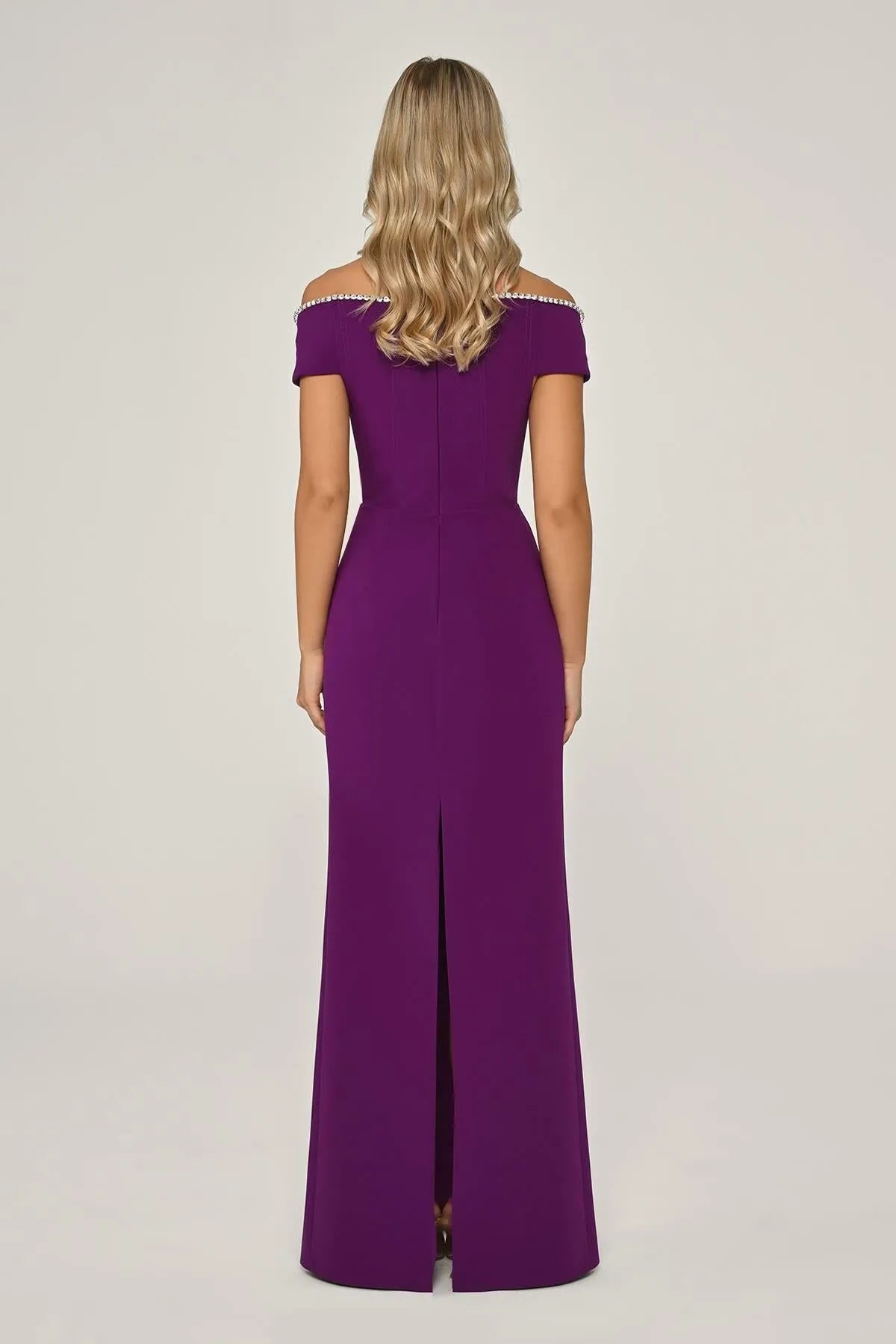 Off Shoulder Stoned Crepe Long Evening Dress