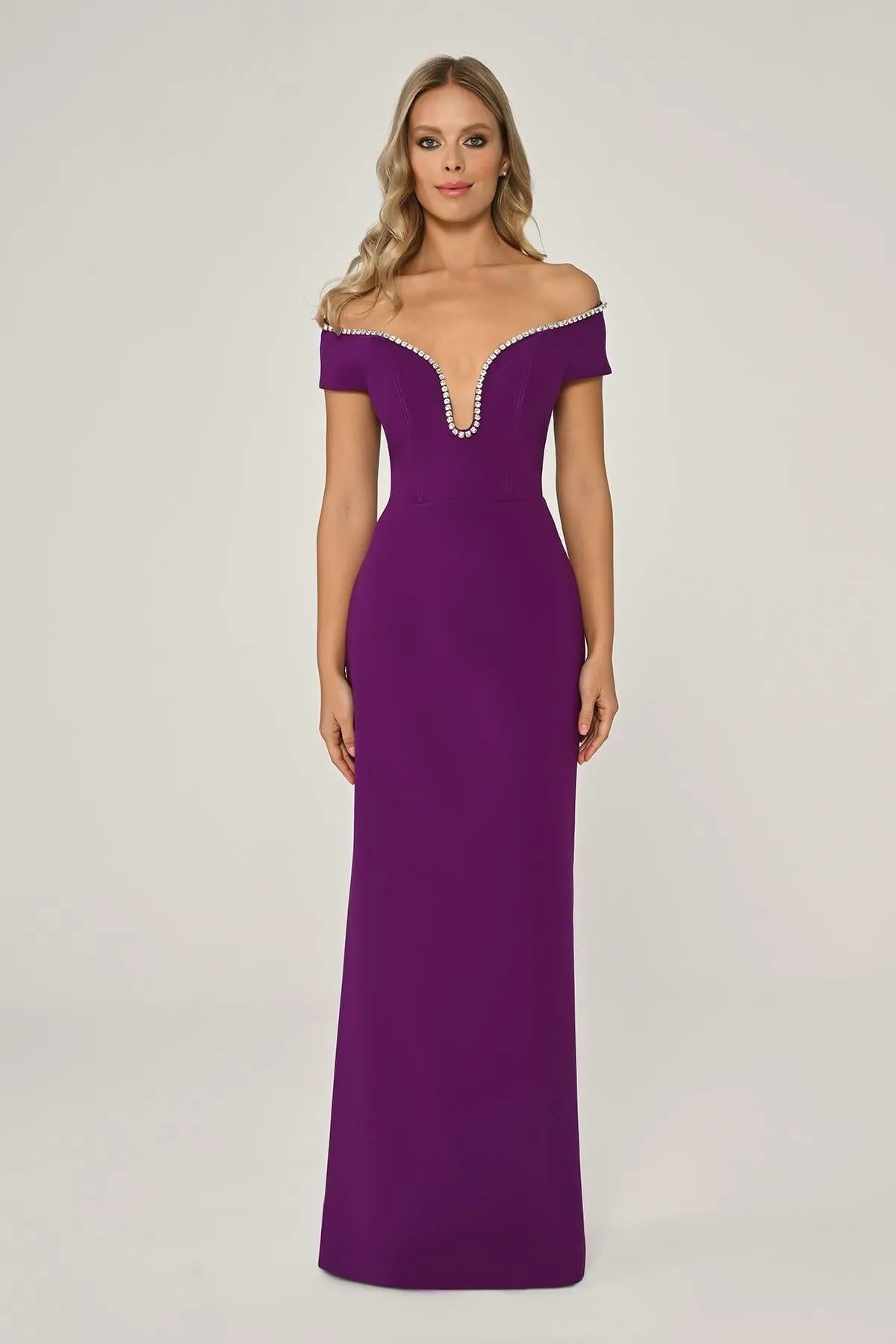 Off Shoulder Stoned Crepe Long Evening Dress