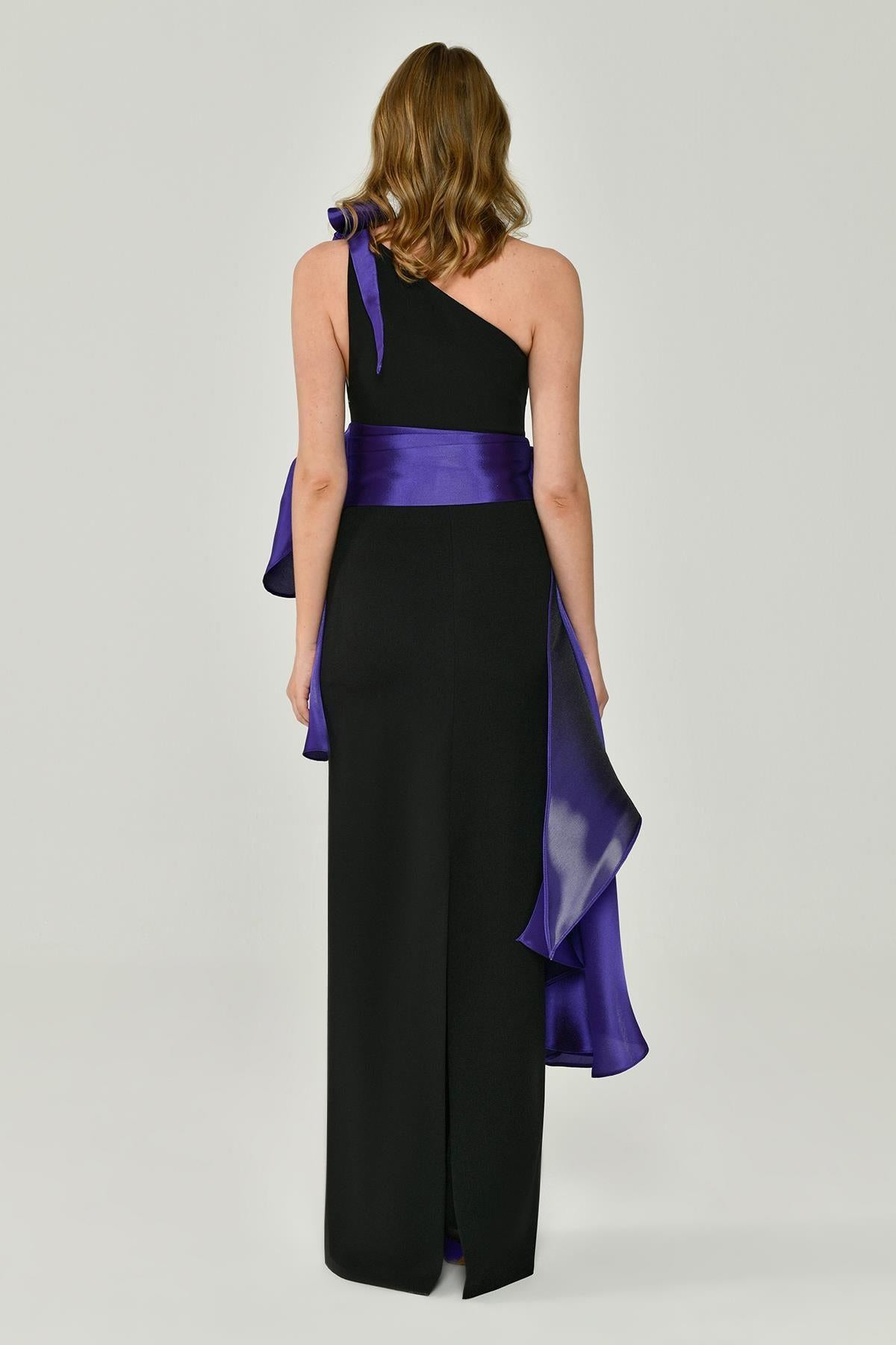 One-Shoulder Long Evening Dress with Contrast Fabric Detail