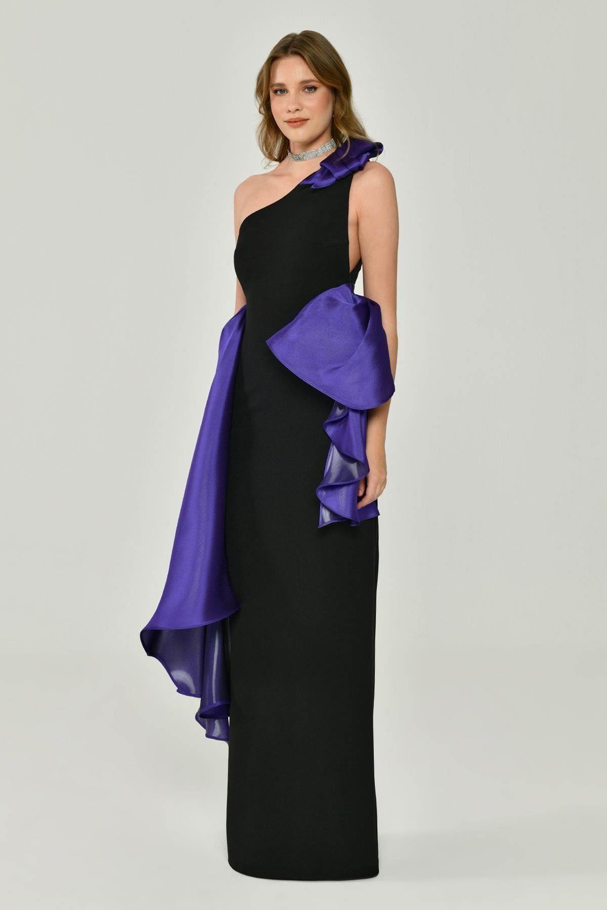 One-Shoulder Long Evening Dress with Contrast Fabric Detail
