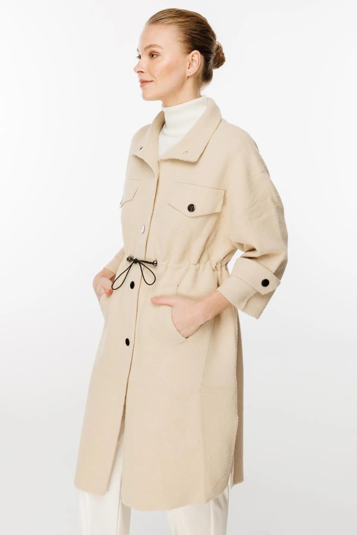 Elastic Collar and Tied Waist Coat