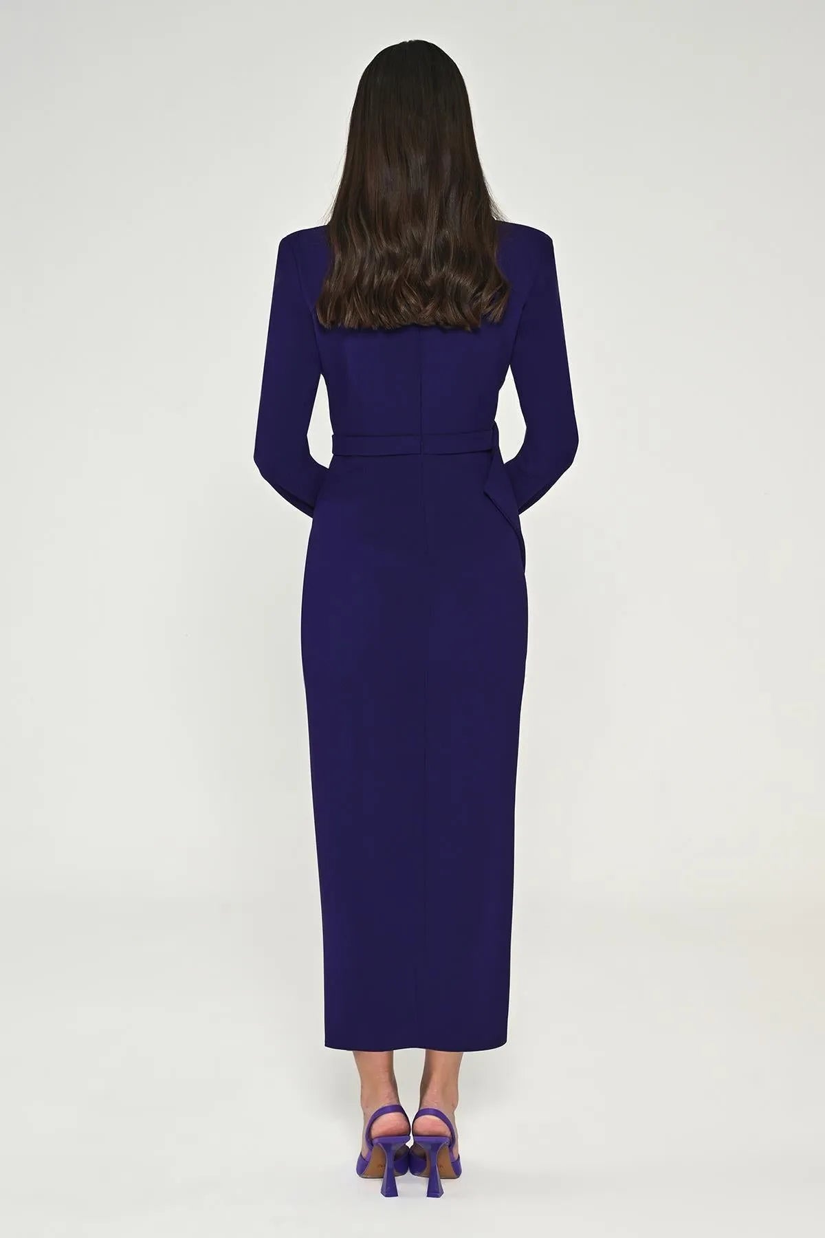 Midi Evening Dress with Window Detail on the Collar and Slit in the Front